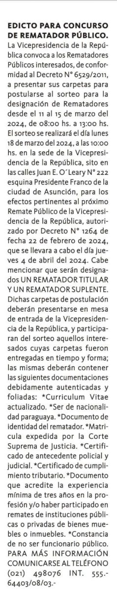 EDICTO PARA CONCURSO DE REMATADOR PÚBLICO